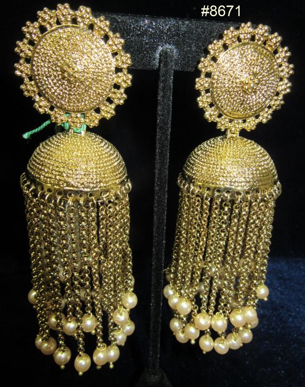 Jhumka Earrings, Golded Stud Jhumki w/ Dangling Golden Strings Pearl